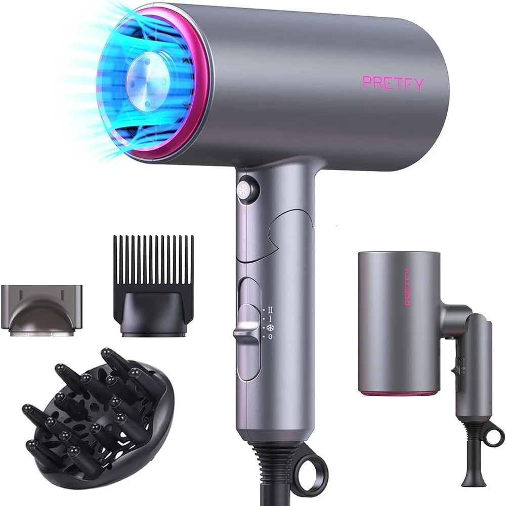 Travel Hair Dryer with Diffuser, Professional Ionic Hair Dryer Low Noise Lightweight Blow Dryer with Comb, Foldable Hair Dryer with 3 Heating/2 Speed/Cold Settings for Travel, Salon Use 1800W