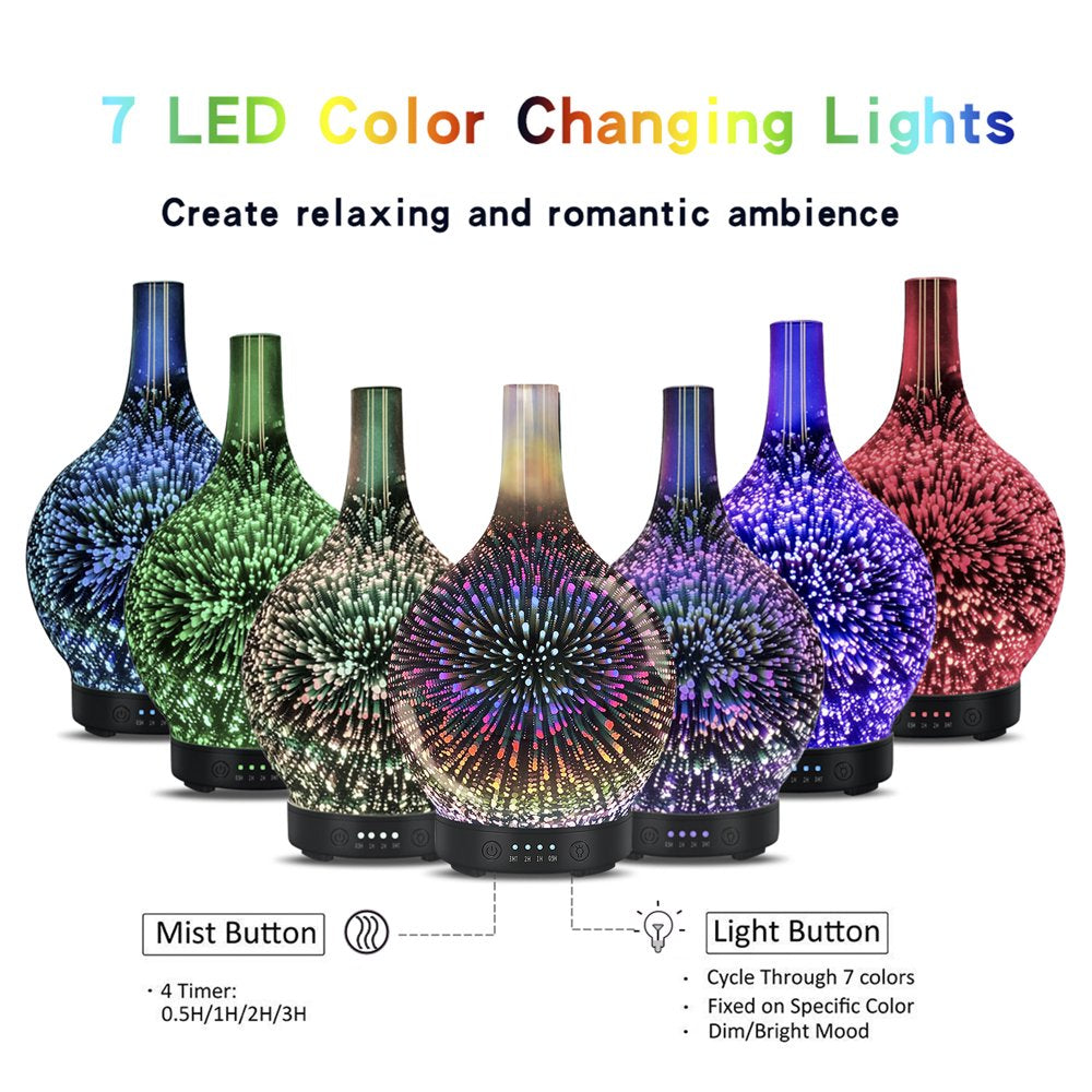 Aromatherapy Essential Oil Diffuser, Ultrasonic Cool Mist Aroma Diffuser, Whisper Quiet Humidifier with Time Setting,7 Colors LED Lights Changing for Home Office 120 Ml