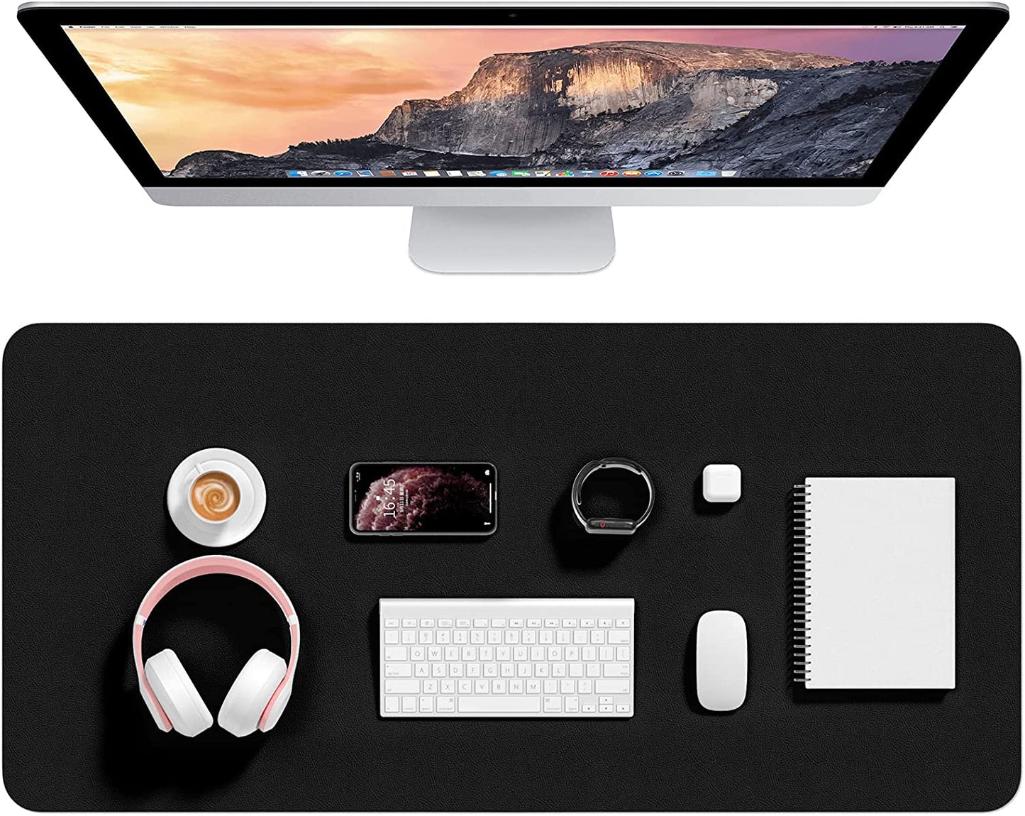 Desk Pad, 35.5" X 17" PU Leather Desk Mat, M Extended Mouse Pad, Waterproof Desk Blotter Protector, Ultra Thin Large Laptop Keyboard Mat, Non-Slip Desk Writing Pad for Office Home, Black