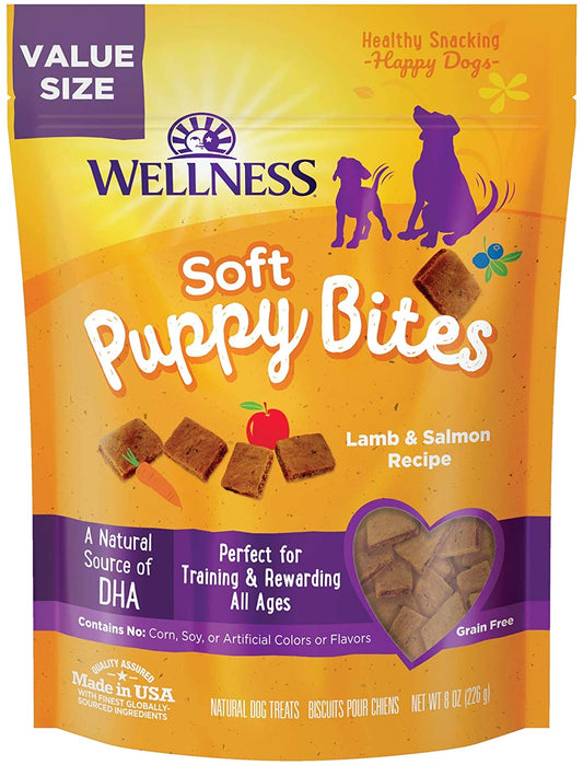 Wellness Soft Puppy Bites Natural Grain-Free Treats for Training, Dog Treats with Real Meat and DHA, No Artificial Flavors (Lamb & Salmon, 8-Ounce Bag)