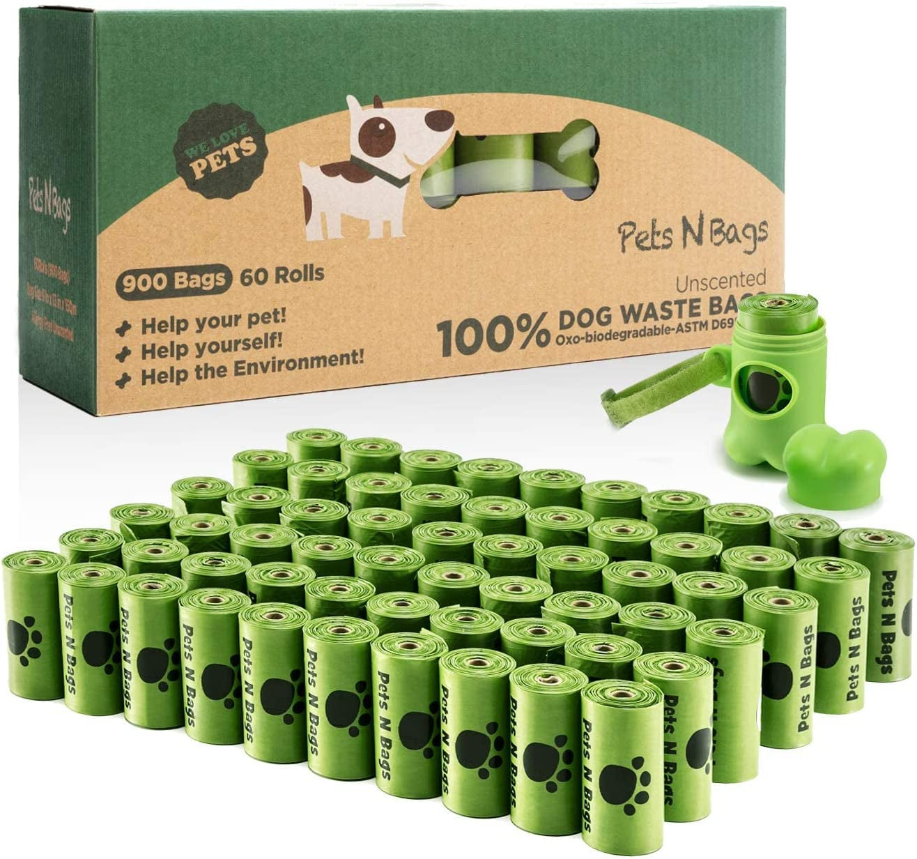 Dog Waste Poop Bags, Dog Bags for Poop , Refill Rolls (60 Rolls / 900 Count, Unscented), Includes Dispenser